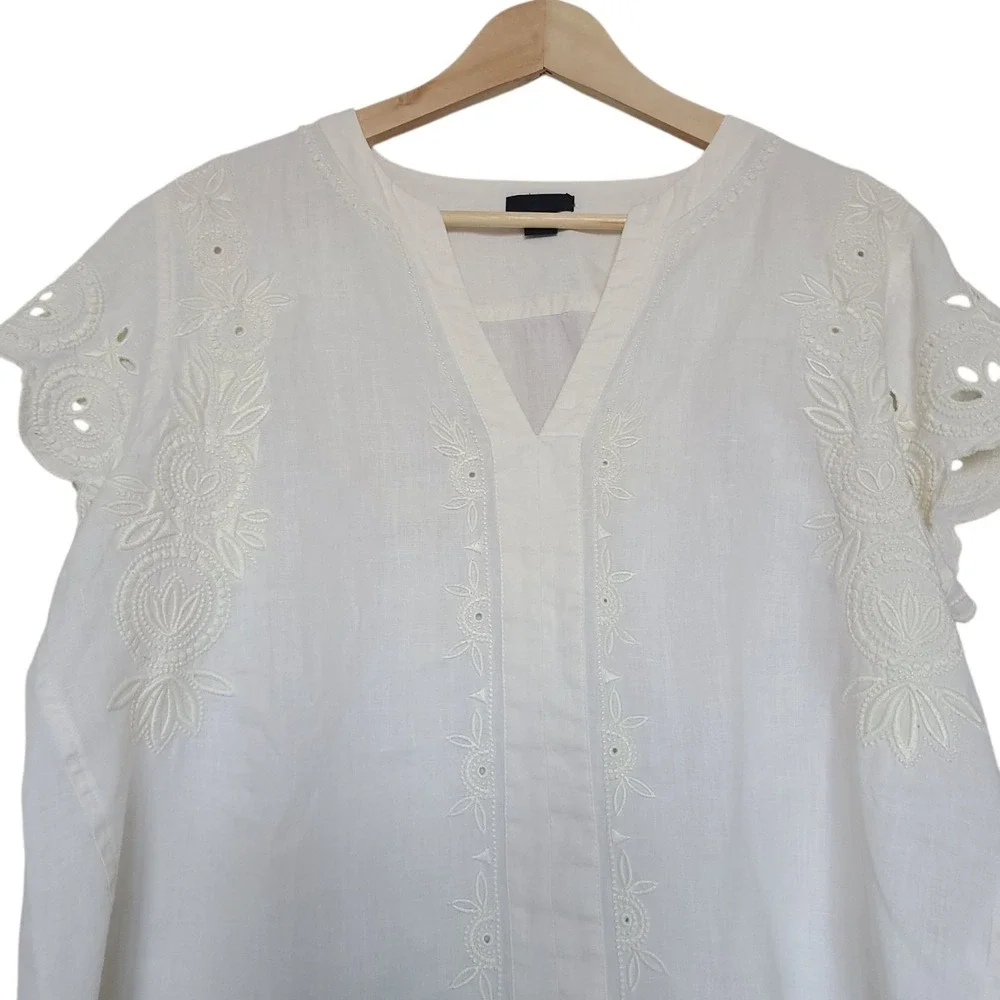 J. Crew 100% Linen Top 16 White Embroidered Short Sleeves V-neck Lightweight‎